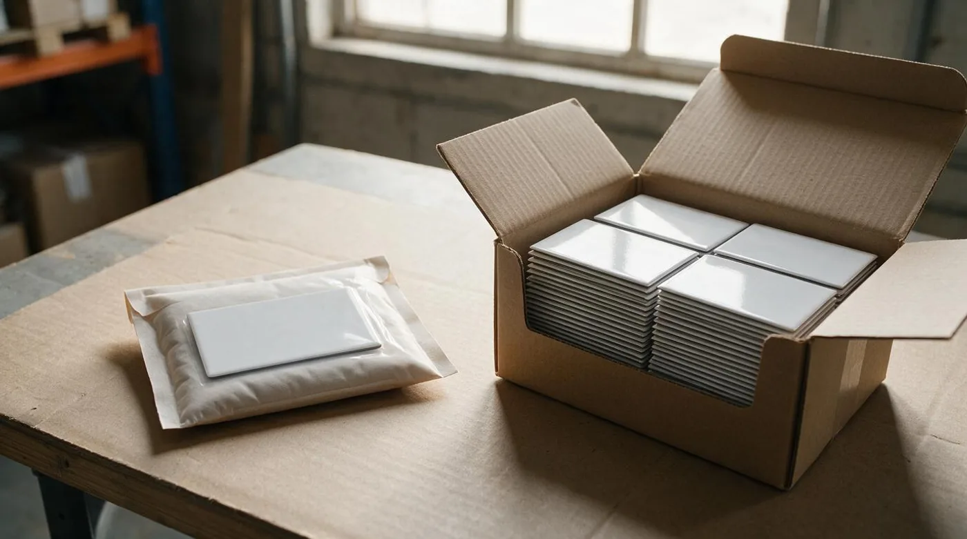 One magnet in a padded envelope beside a box packed with hundreds of blank magnets