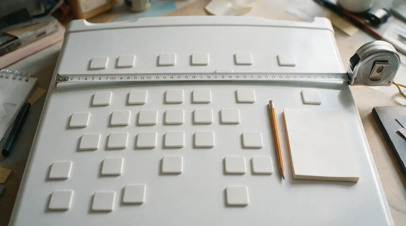 Blank square magnets arranged in a grid with a tape measure to plan a door layout