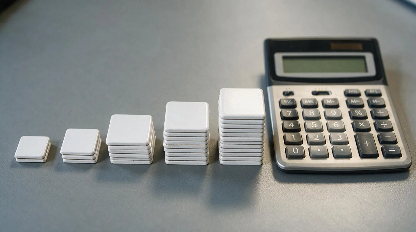 Stacks of blank magnets increasing in quantity beside a calculator