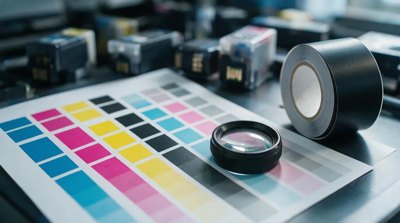 Color test patches on photo paper beside a roll of magnetic vinyl with a loupe