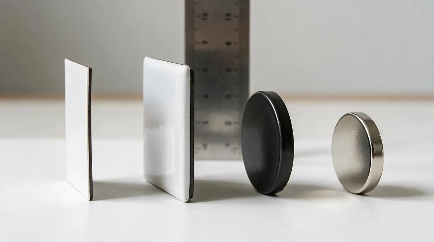 Fridge magnets standing on edge next to a ruler to compare thickness