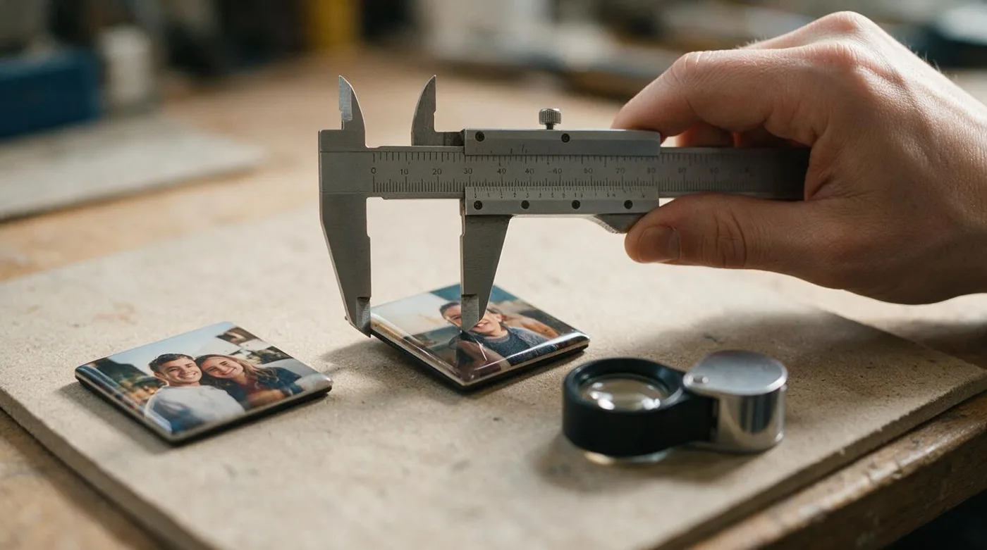 Digital calipers measuring the thickness of a pressed photo magnet