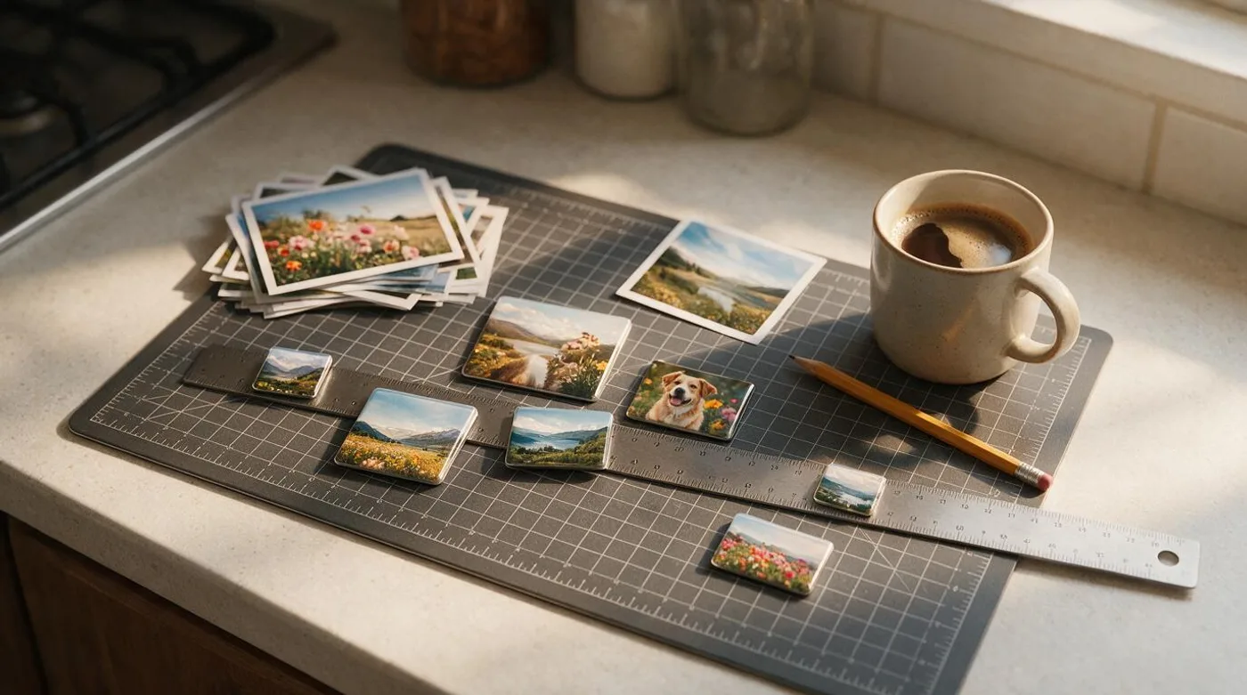 Photo magnets of several sizes laid on a ruler and cutting mat next to printed photos