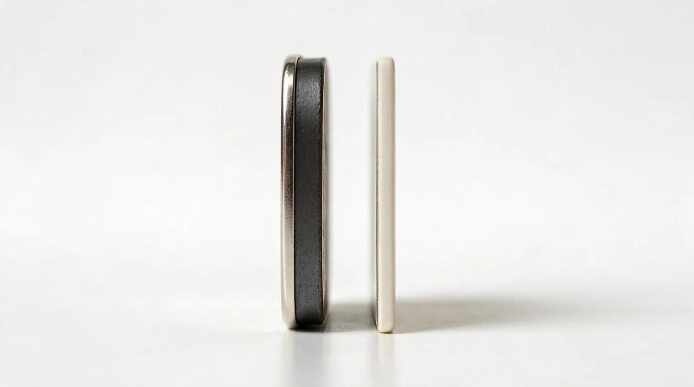 A thick pressed magnet and a thin sheet magnet standing on edge for comparison