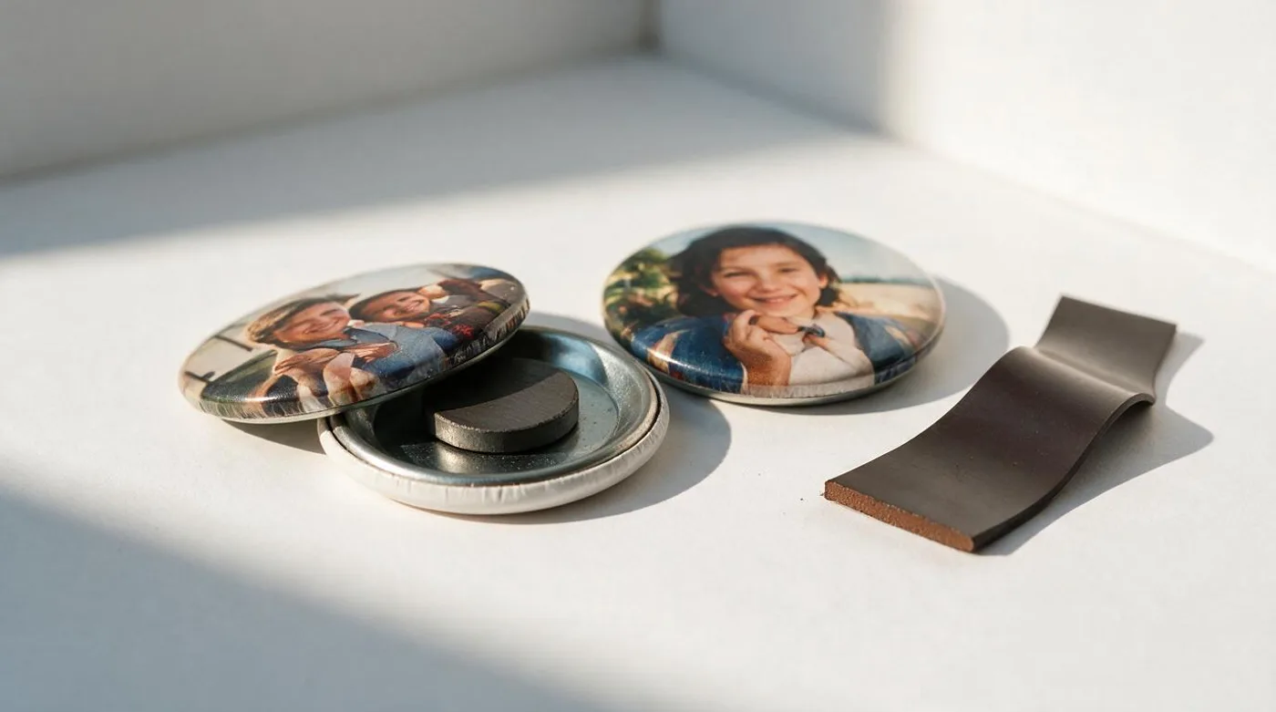 A disassembled pressed magnet beside a cut flexible sheet magnet showing their cores