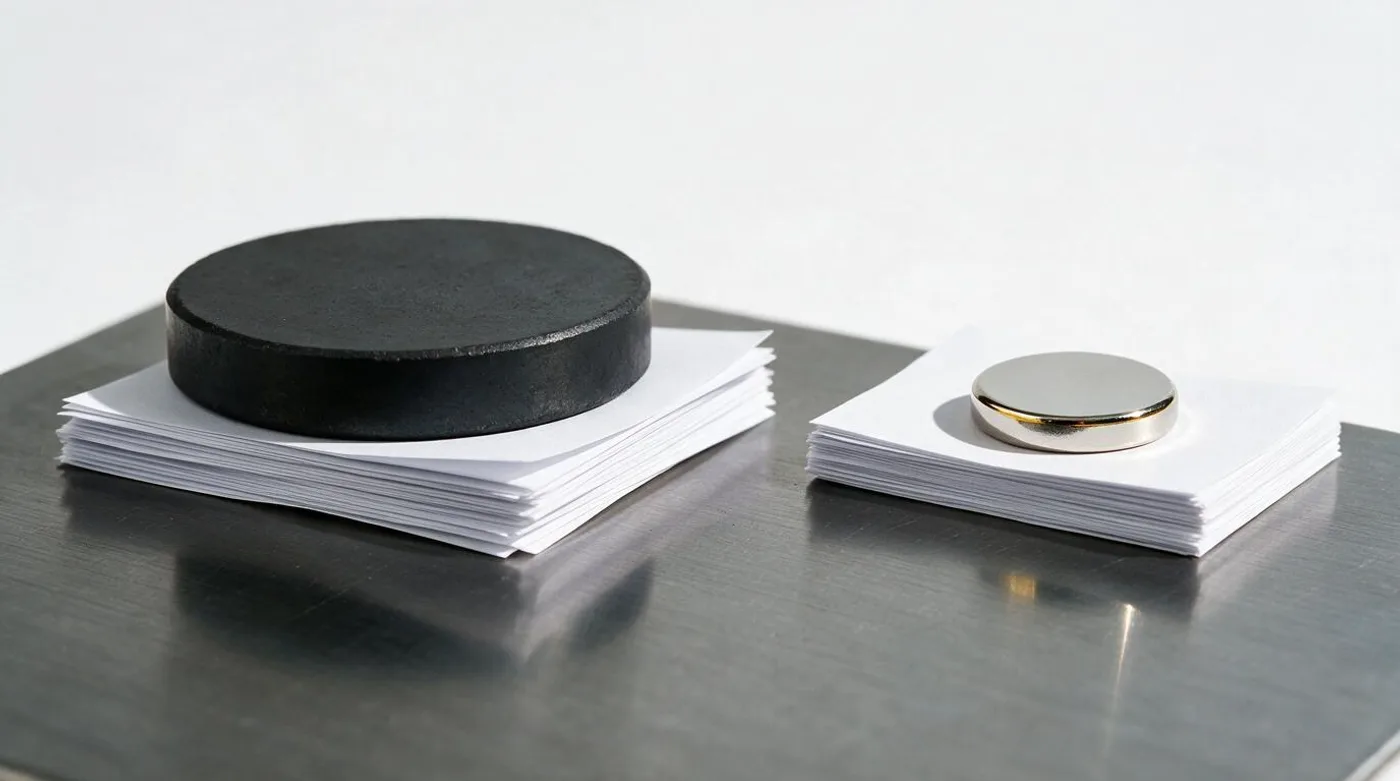 A large black ferrite disc and a small silver neodymium disc each holding a stack of paper