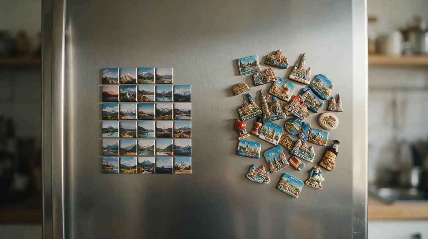 Square photo magnets on one side of a fridge door and chunky souvenir magnets on the other