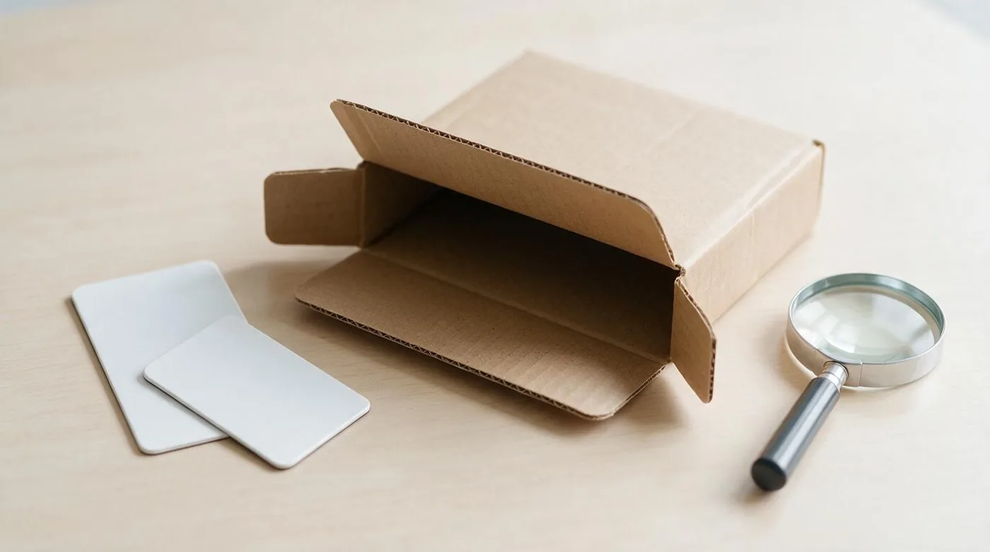Two blank flexible magnets of different thickness beside a mailer and magnifying glass