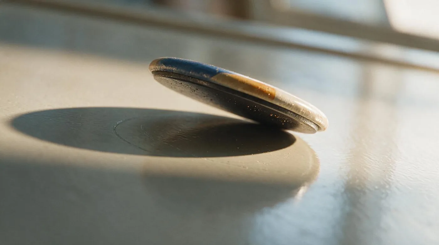 Grit on the back of a lifted magnet and a fine scratch arc on the paint beneath