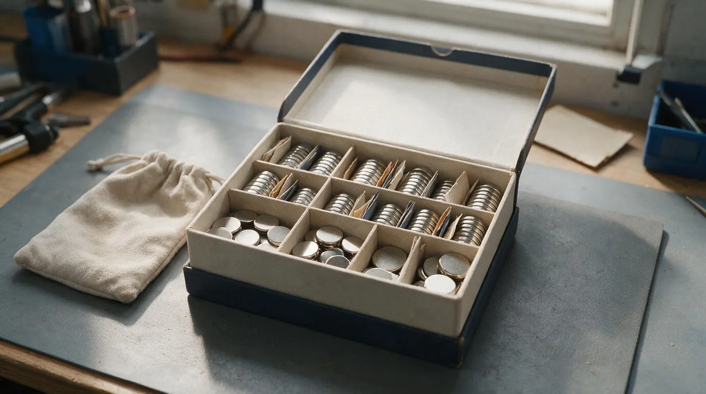 Magnets sorted into a compartmented storage box with card separators