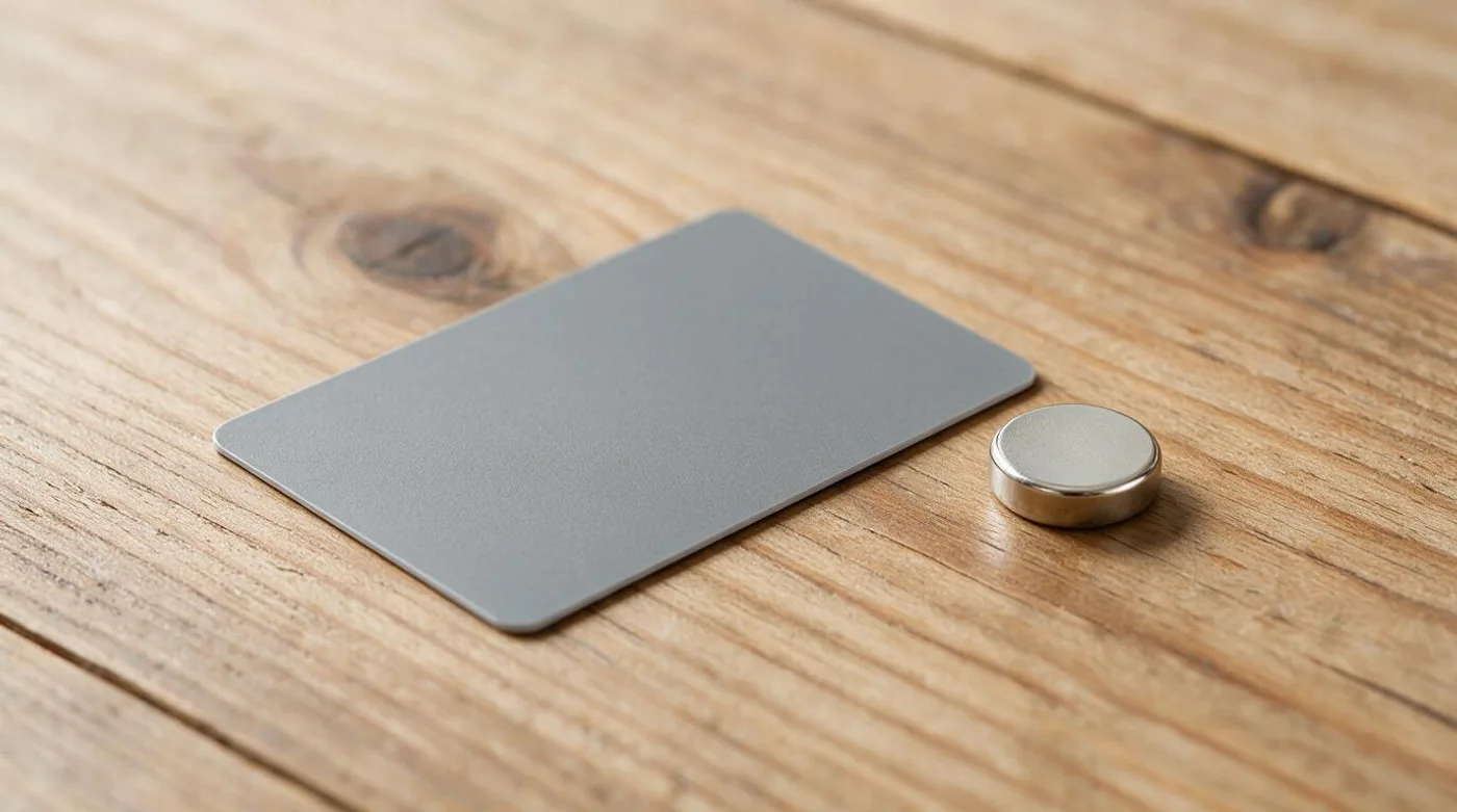 A blank gray payment card beside a small neodymium disc magnet