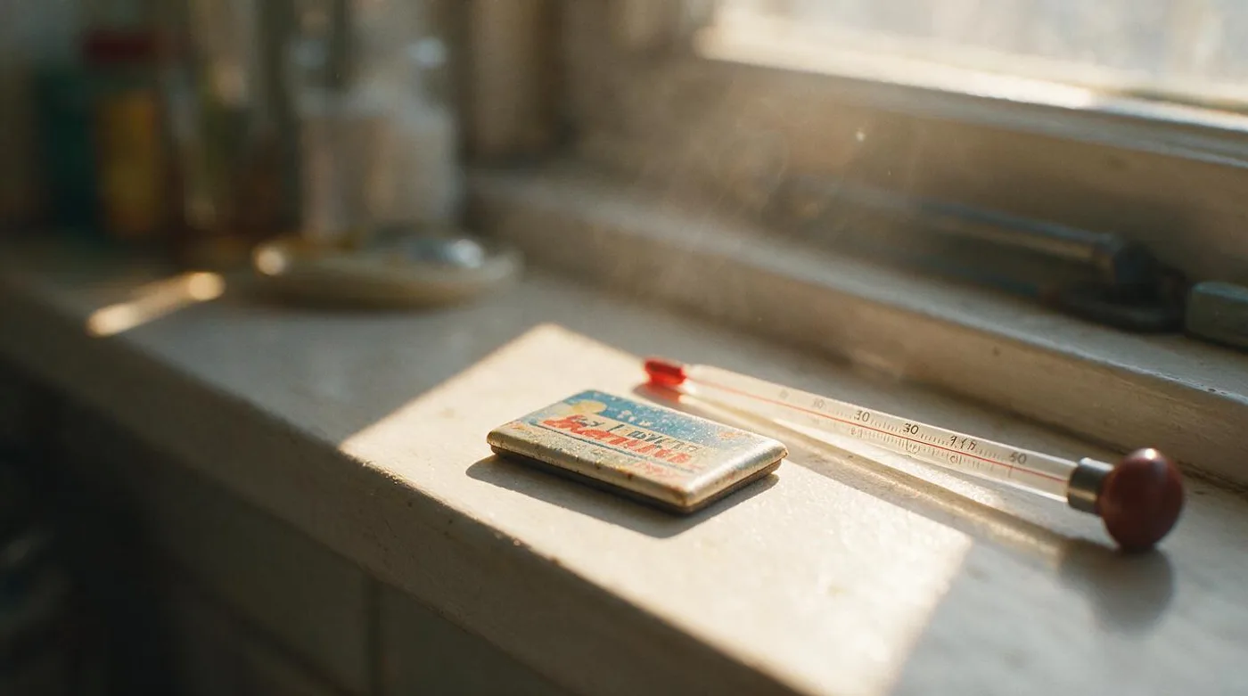 A faded magnet on a sunlit windowsill beside a kitchen thermometer