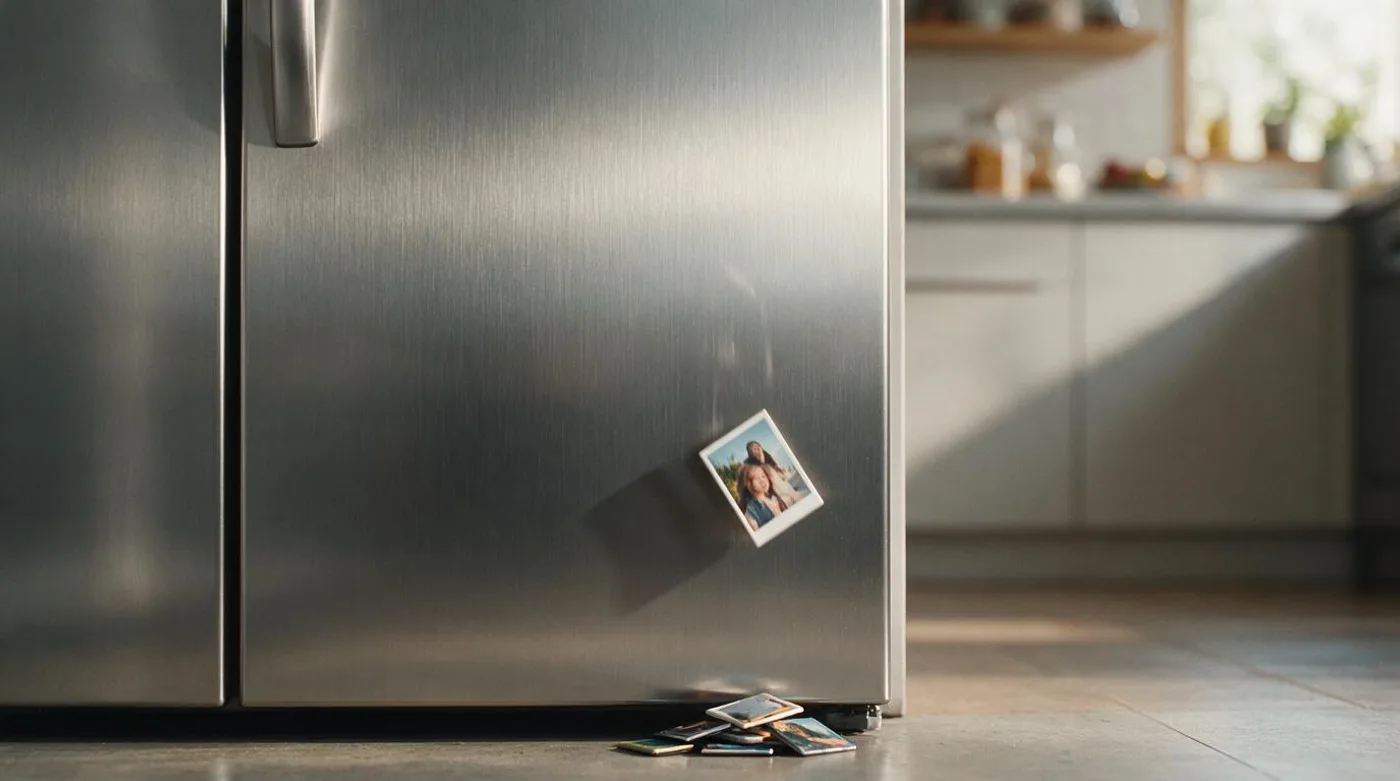 Photo magnet sliding down a stainless steel fridge door with fallen magnets on the floor
