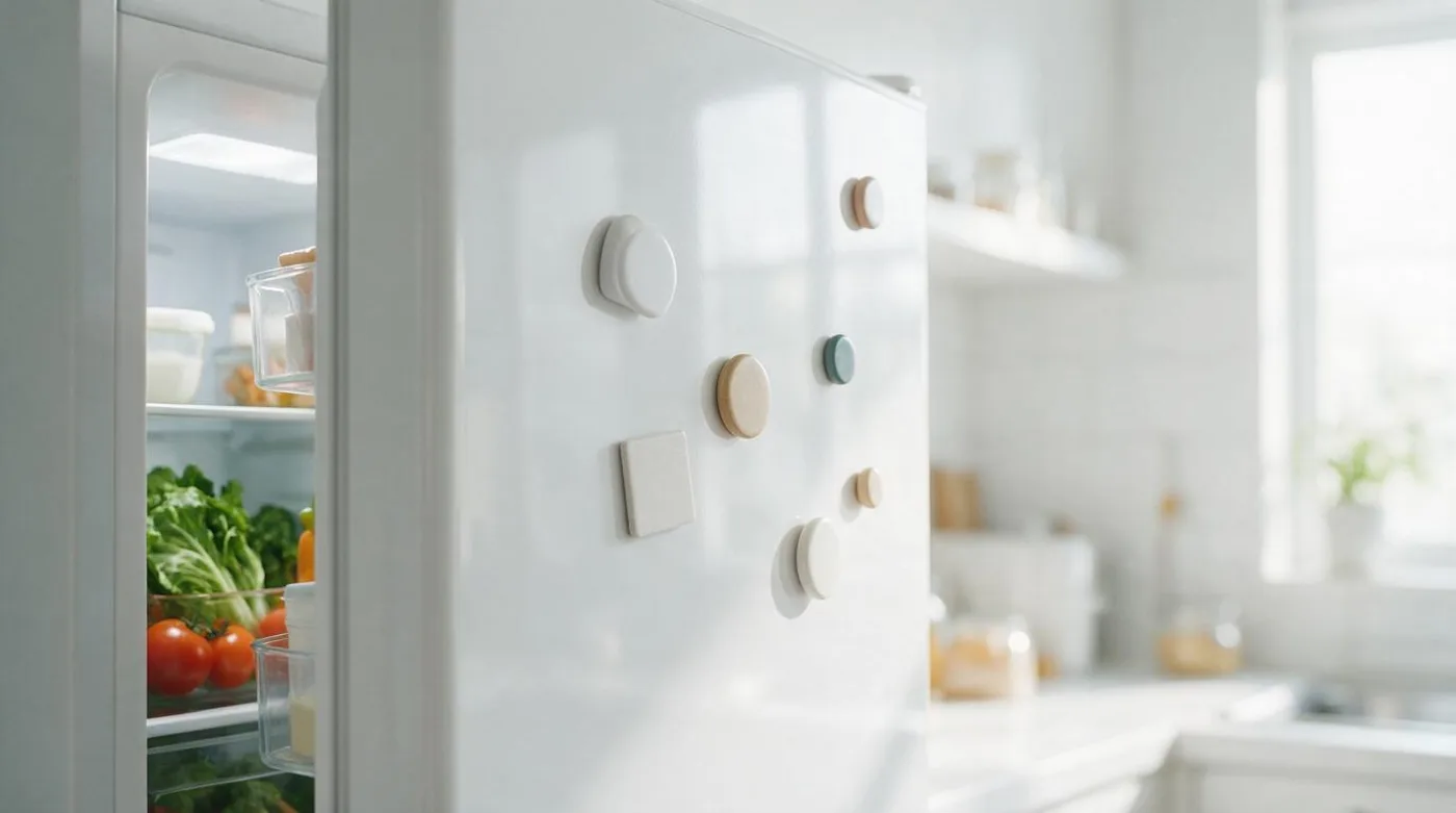 Plain magnets on a fridge door beside an open fridge with fresh food inside