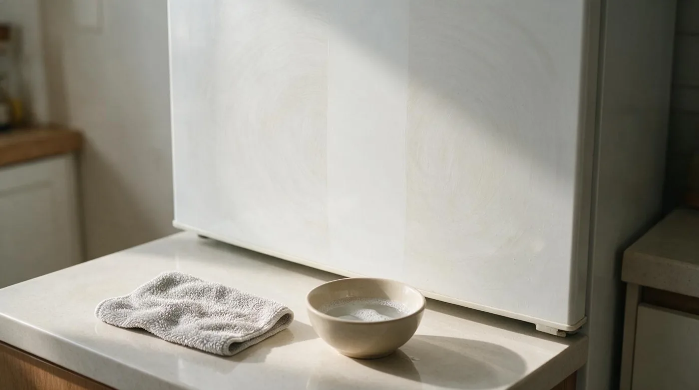A microfibre cloth and soapy water beside a fridge door with faint marks partly cleaned