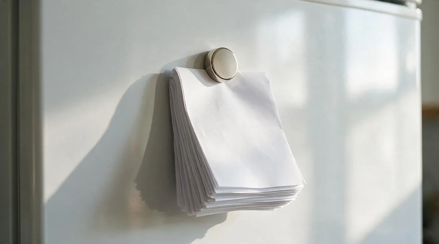One small neodymium disc holding a thick heavy stack of papers on a fridge door