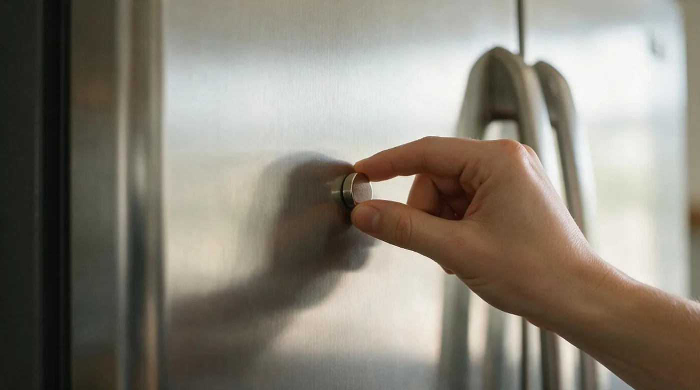 Hand testing whether a small round magnet sticks to a stainless steel fridge door