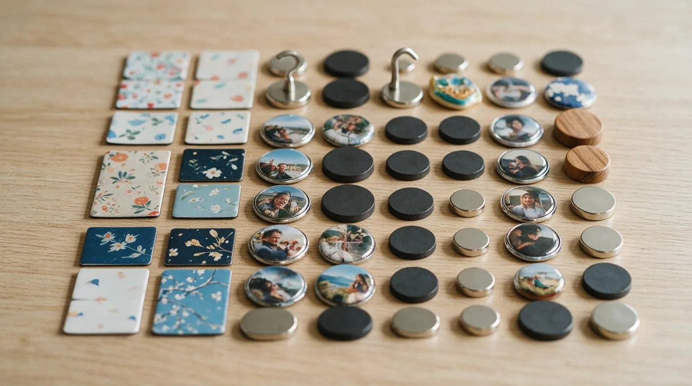 Flat-lay of fridge magnet types on a wooden table: sheet, pressed photo, ferrite discs, neodymium discs, resin and wood