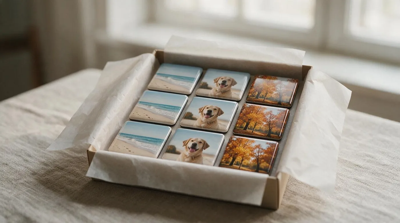 Gift box with nine square photo magnets arranged in a grid