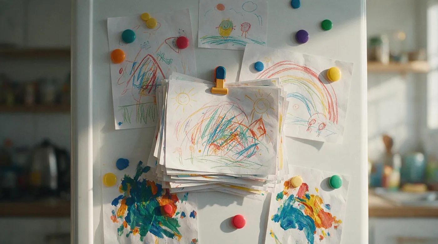 Children's crayon drawings held on a fridge door by colorful magnets and a clip