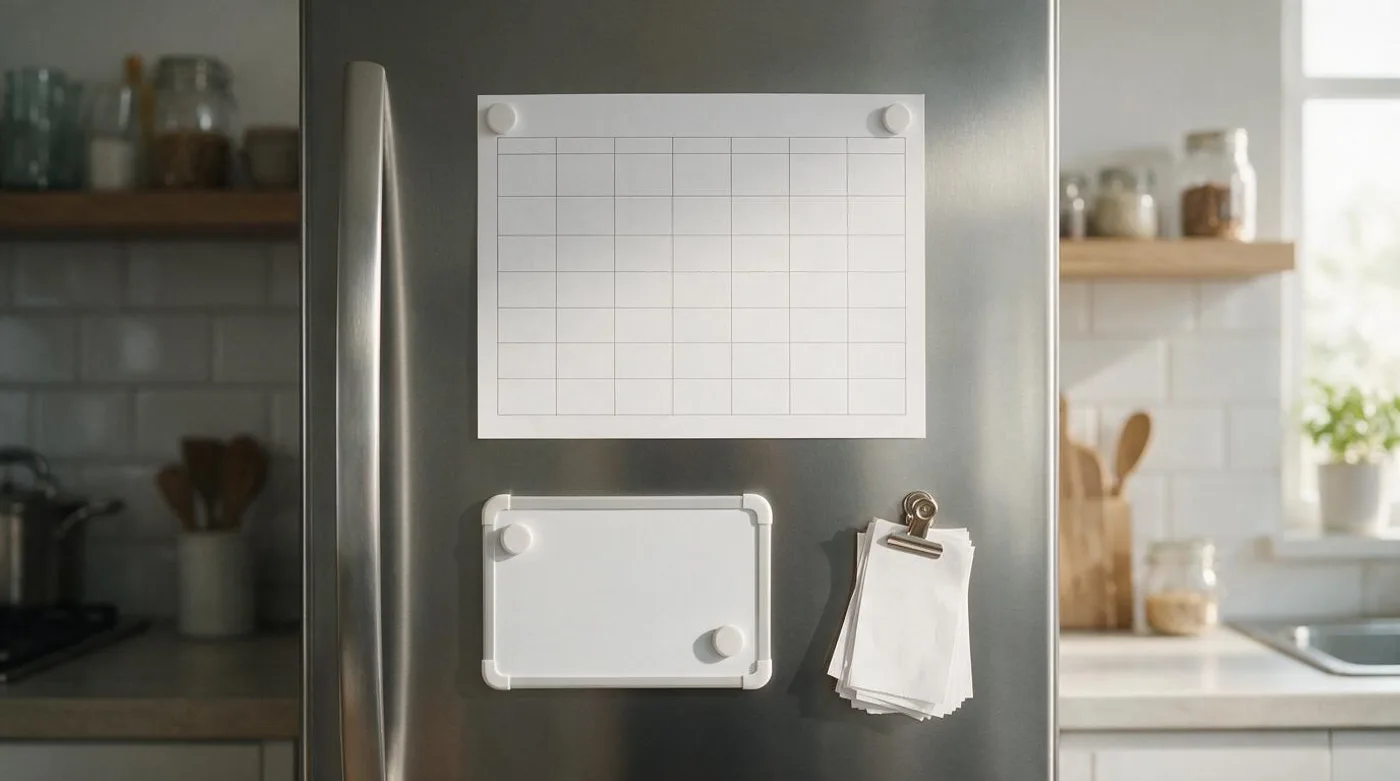 A blank planner sheet and dry-erase board held on a fridge door with a clip magnet