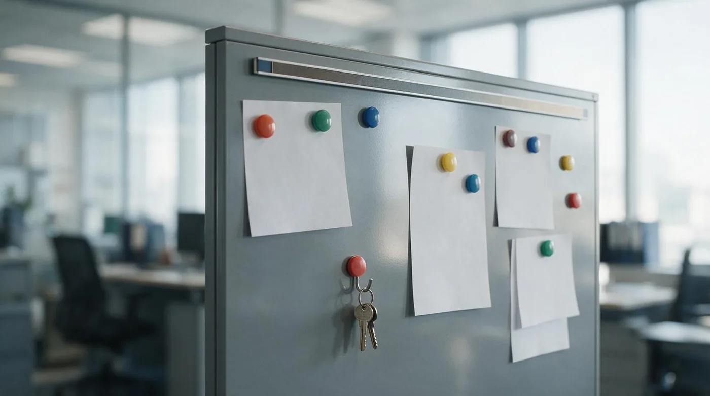 Blank sheets and keys held on a steel filing cabinet by magnets and a hook