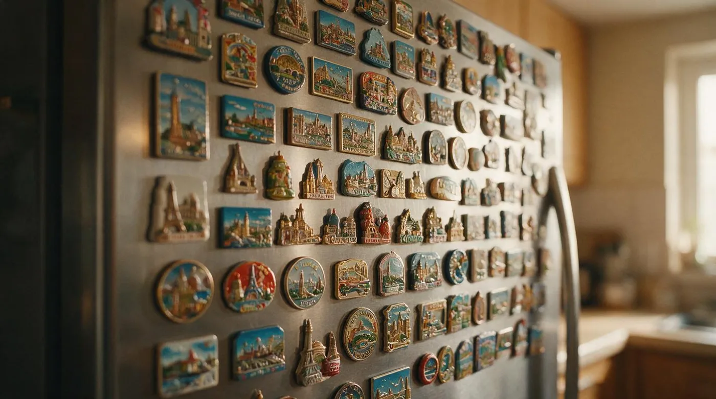 A dense collection of travel souvenir magnets covering a stainless fridge door