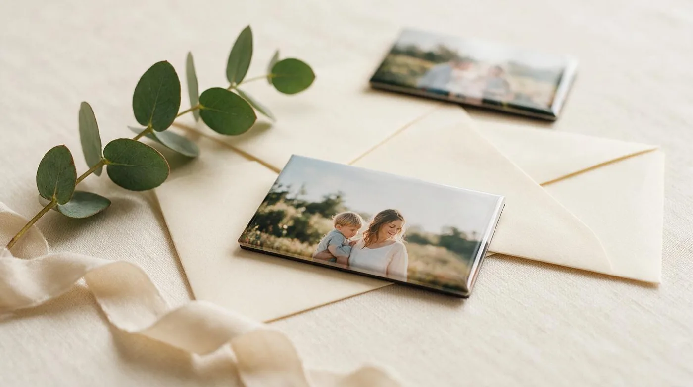 Rectangular photo magnets styled with cream envelopes, eucalyptus and ribbon