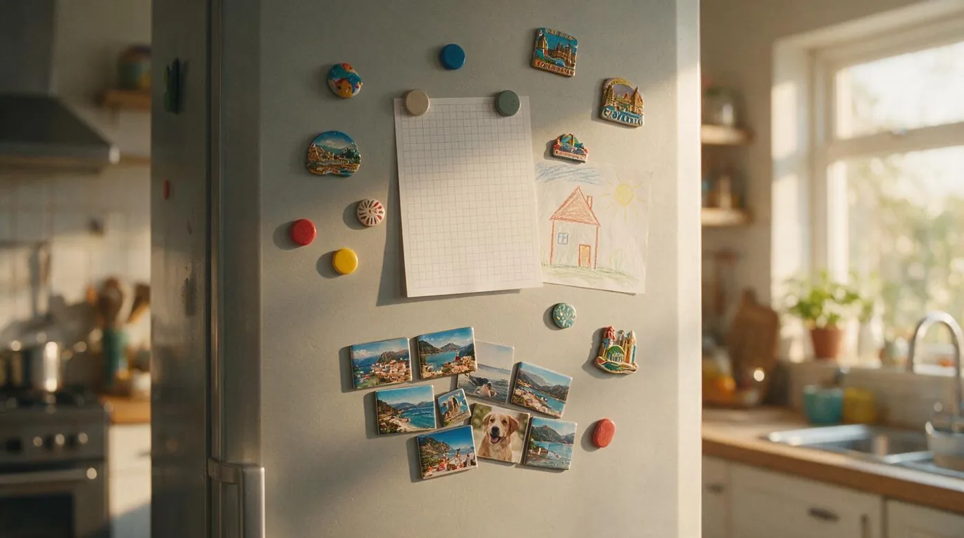 Family fridge with a meal plan, a child's drawing, souvenir magnets, and photo magnets