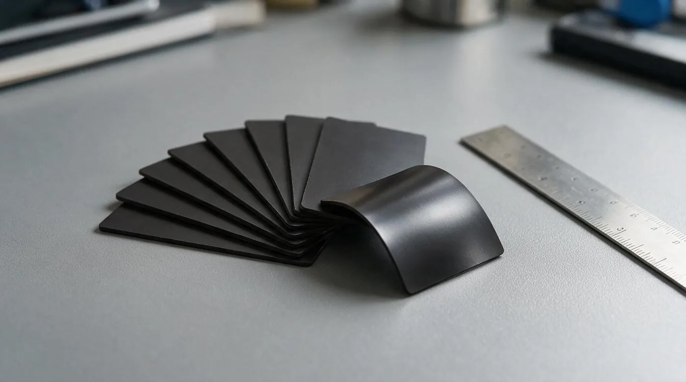 Blank business-card magnets of different thicknesses fanned out with a ruler