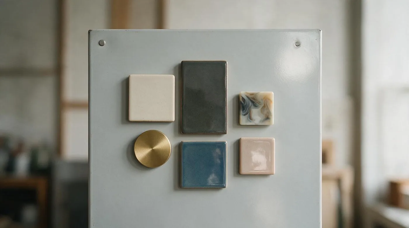 Flat decorative magnets in ceramic, brass and marbled resin arranged on a steel panel