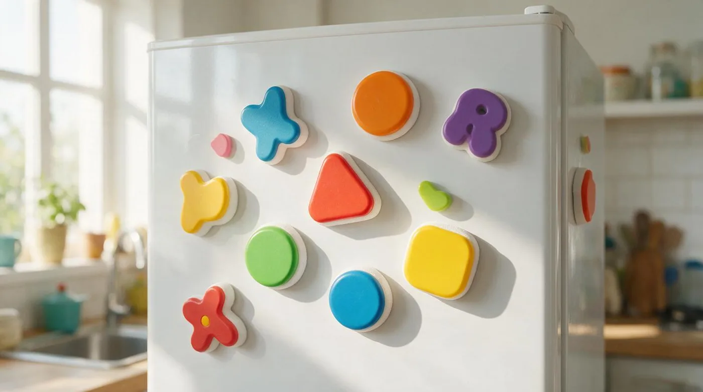 Large chunky foam-backed children's magnets on a white fridge door