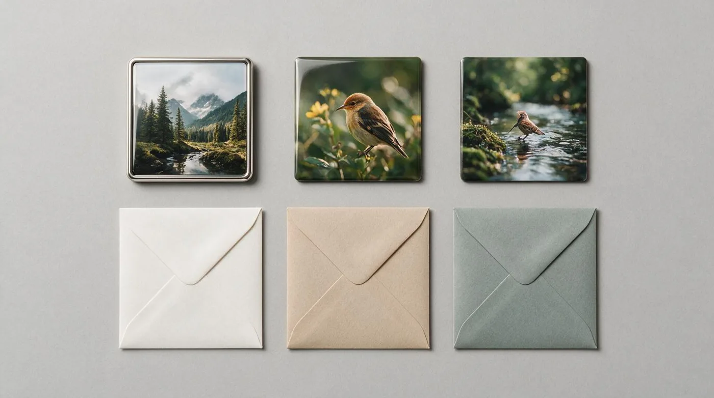 Three photo magnets laid flat beside plain mailing envelopes for comparison