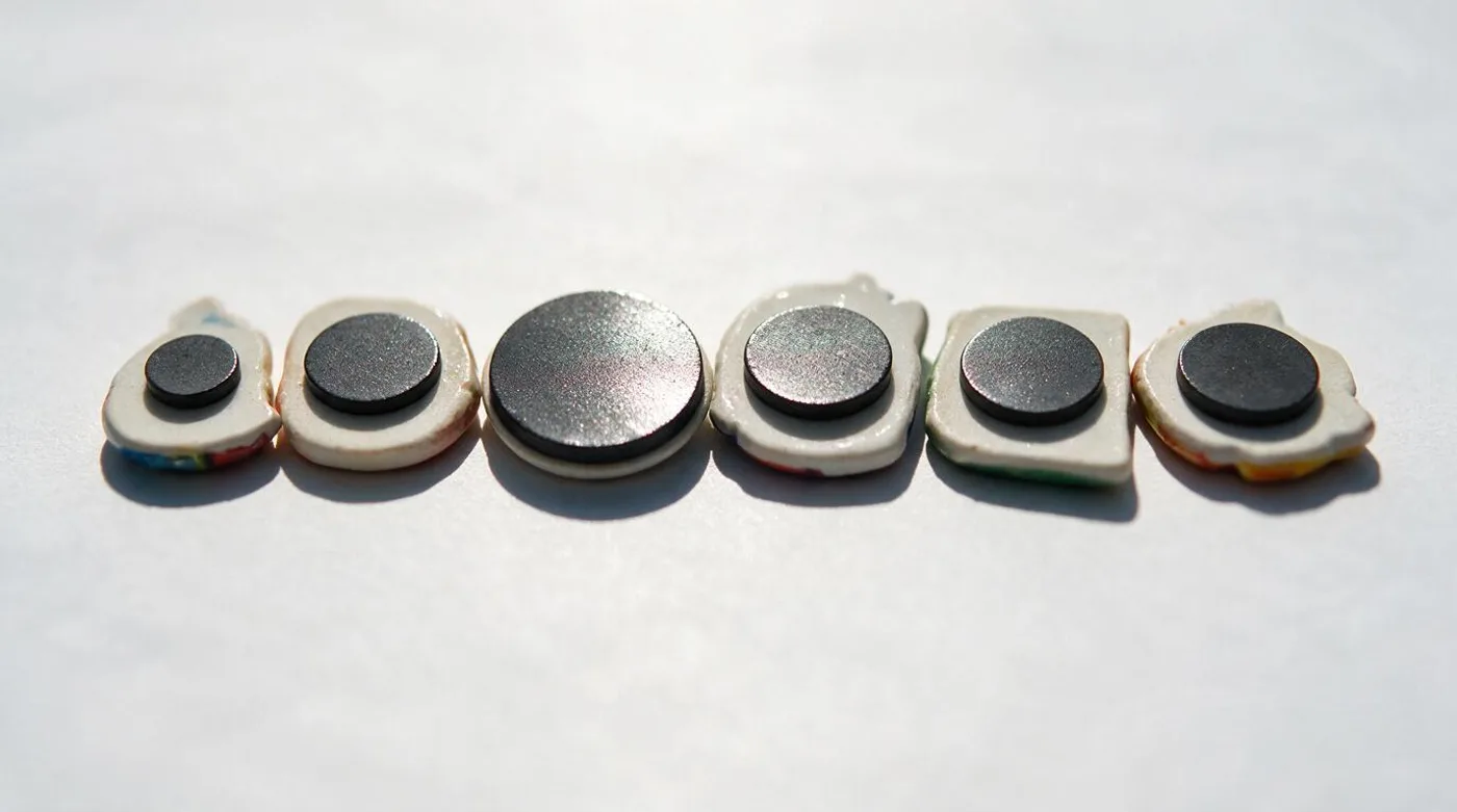 Backs of six souvenir magnets showing ferrite discs of very different sizes