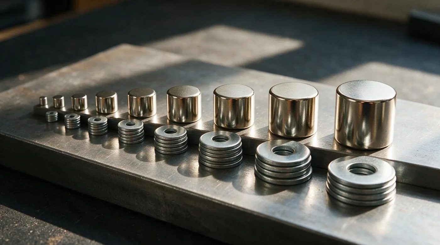 Neodymium magnets of increasing size each holding a stack of steel washers