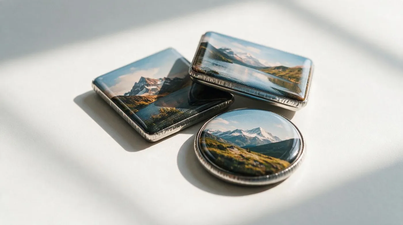 Square, rectangular and round pressed photo magnets showing their crimped metal rims