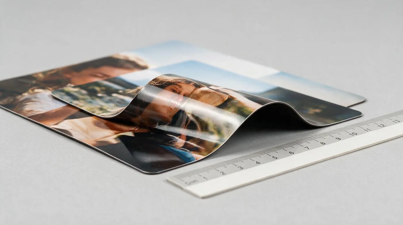 Two thin flexible photo magnets, one curling at the corner, beside a ruler