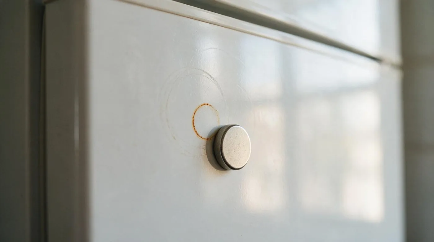 Faint scuff rings and a rust mark on a painted fridge door where magnets sat