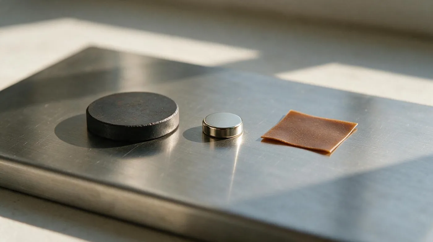 Ferrite disc, neodymium disc and flexible sheet square side by side on steel
