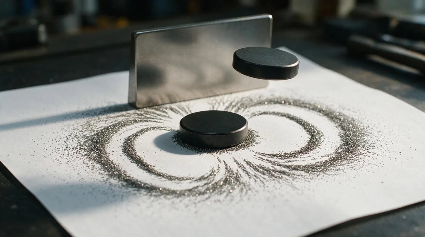 Iron filings tracing magnetic field lines around a disc magnet beside a steel plate