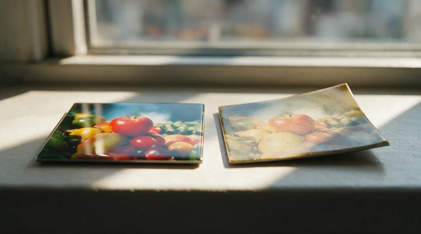A fresh photo magnet beside a faded one with a lifted corner on a sunlit windowsill
