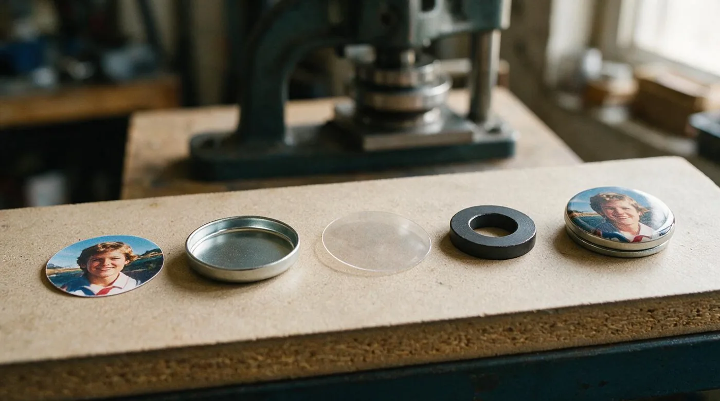 Stages of a pressed photo magnet laid out beside a hand press