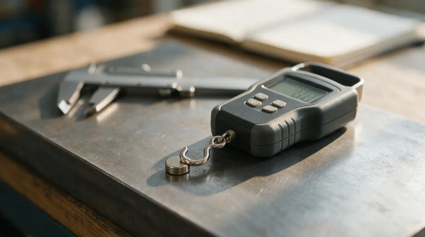 Digital pull-force gauge attached to a small magnet on a steel plate