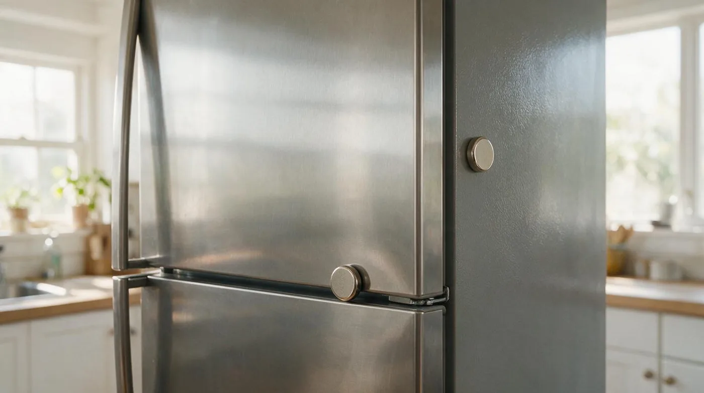 Magnet slid to the bottom of a stainless door while another holds on the painted side panel