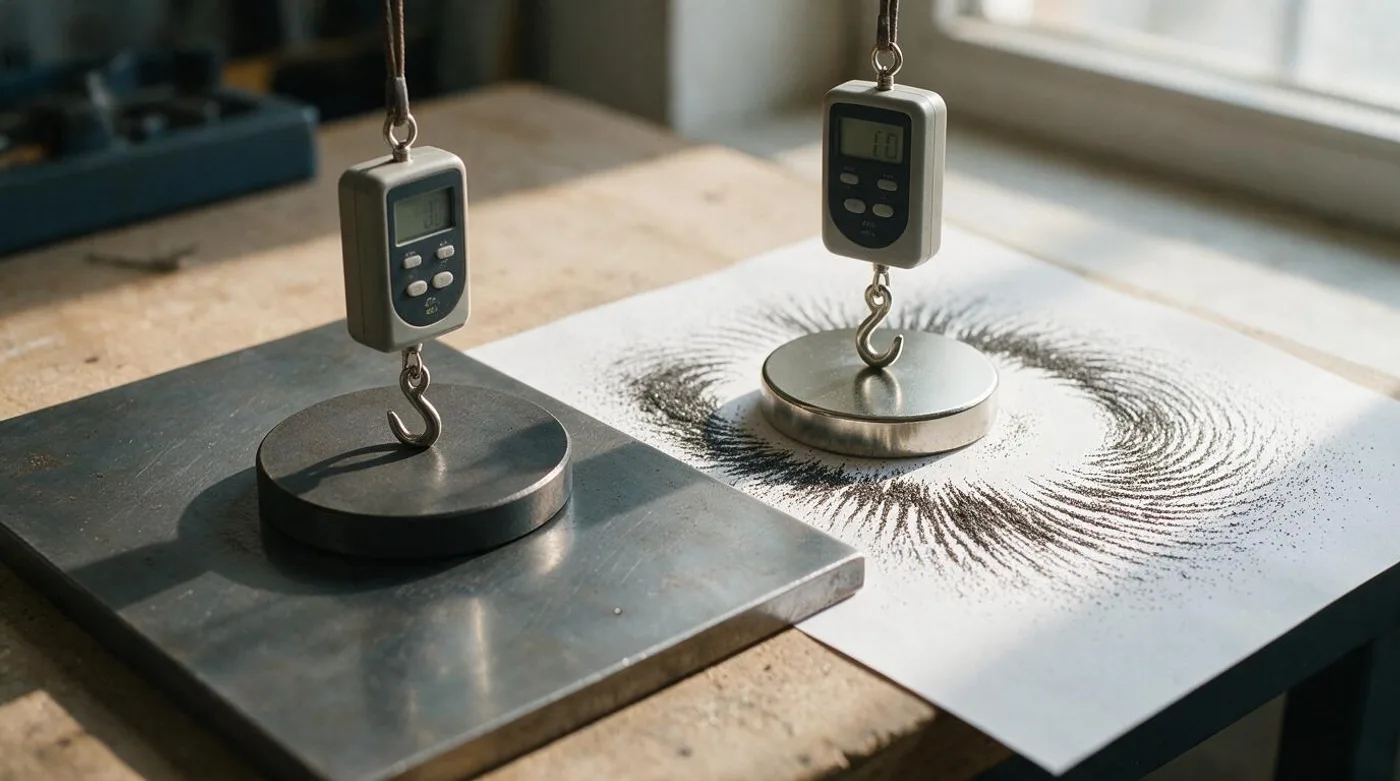 Ferrite and neodymium disc magnets with a digital force gauge and iron filings showing field lines