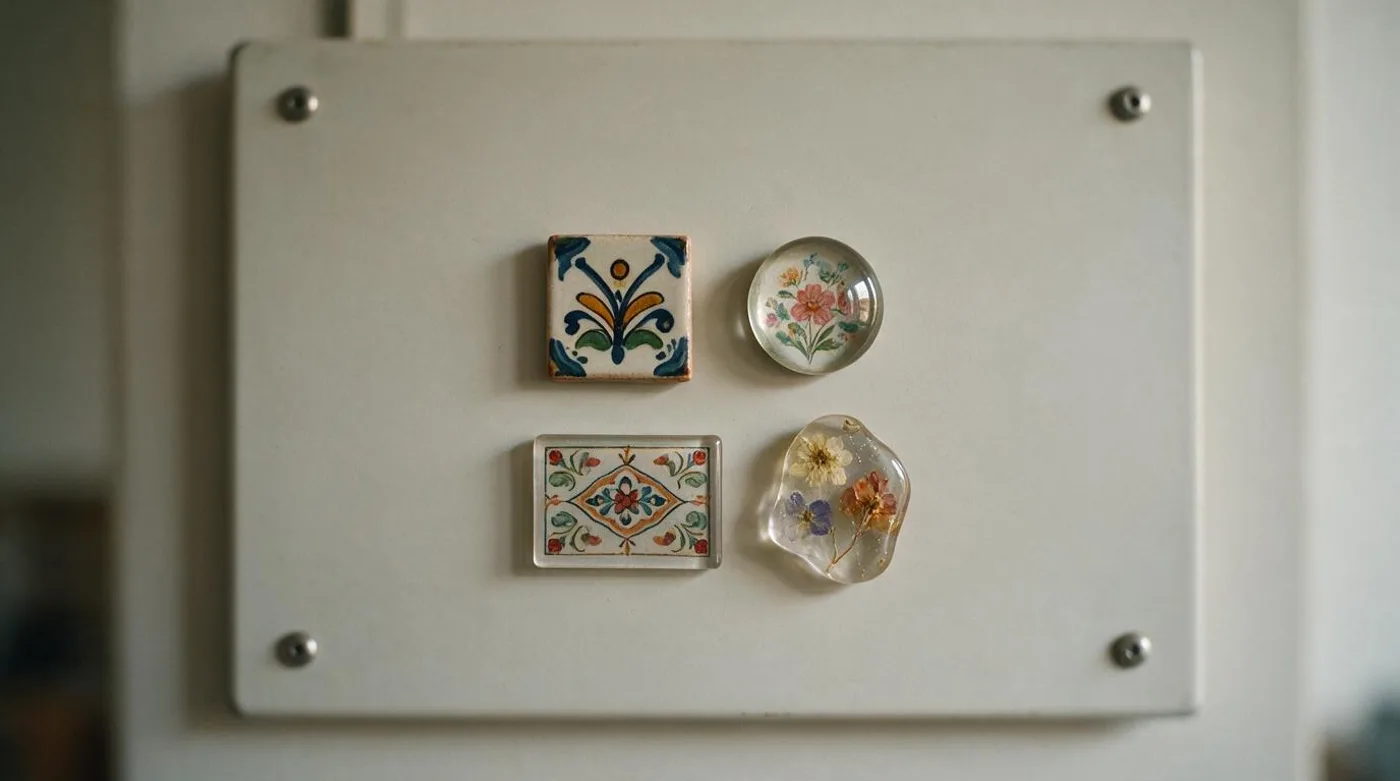 Decorative magnets: ceramic tile, glass cabochon, printed acrylic and pressed flower resin