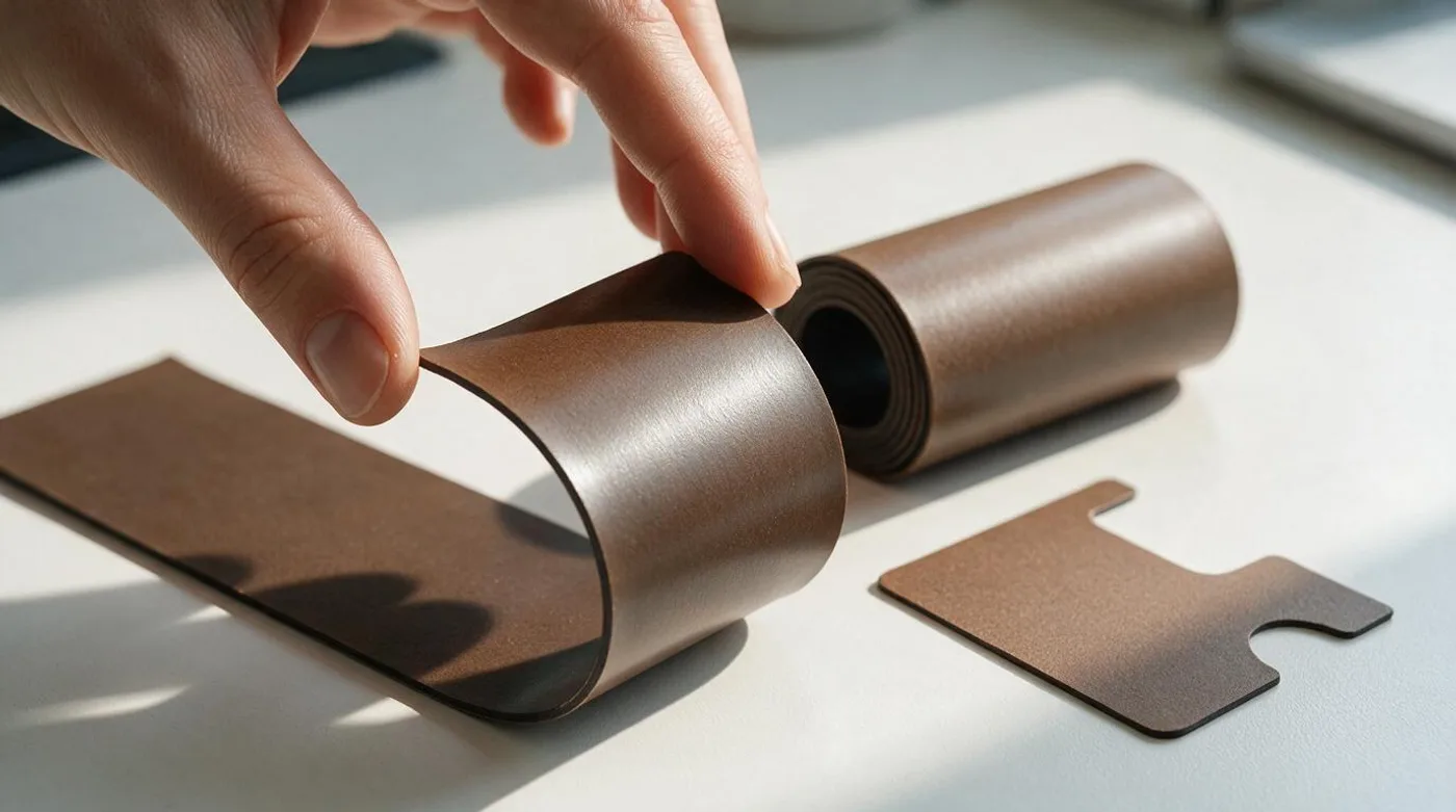 Thin flexible rubber magnet sheet bent to show its brown magnetic backing