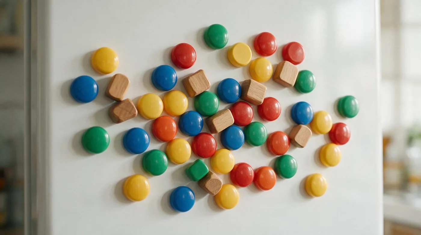Chunky plastic and wooden letter and number magnets on a white fridge door