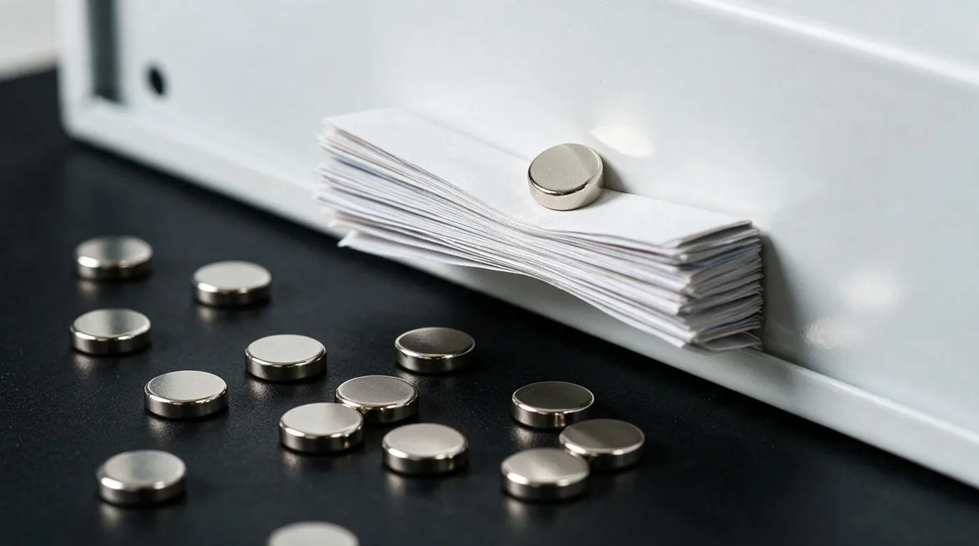Small nickel-plated neodymium disc magnets, one holding a thick stack of paper to a steel panel