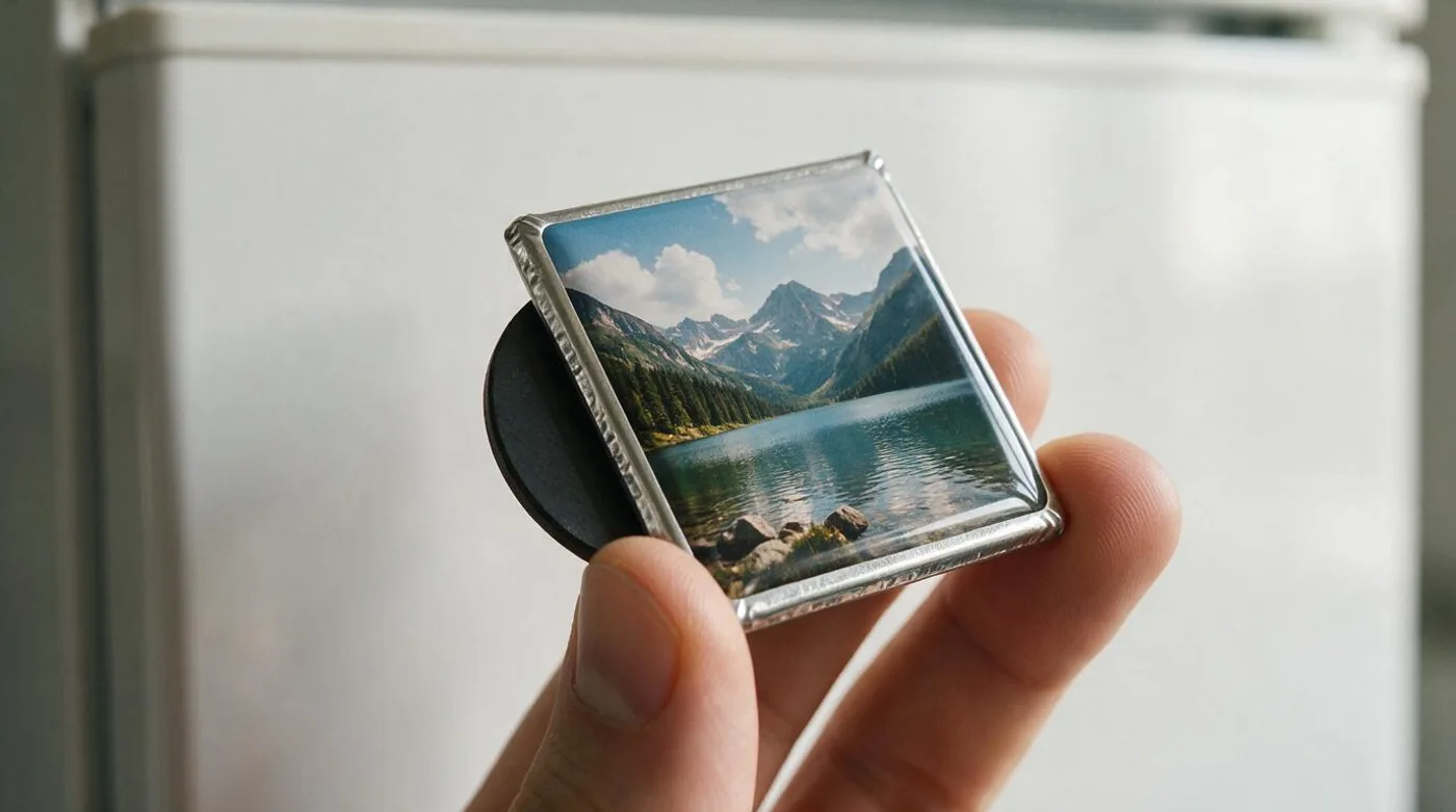 Square pressed photo magnet held at an angle showing its glossy front, steel rim, and ferrite back